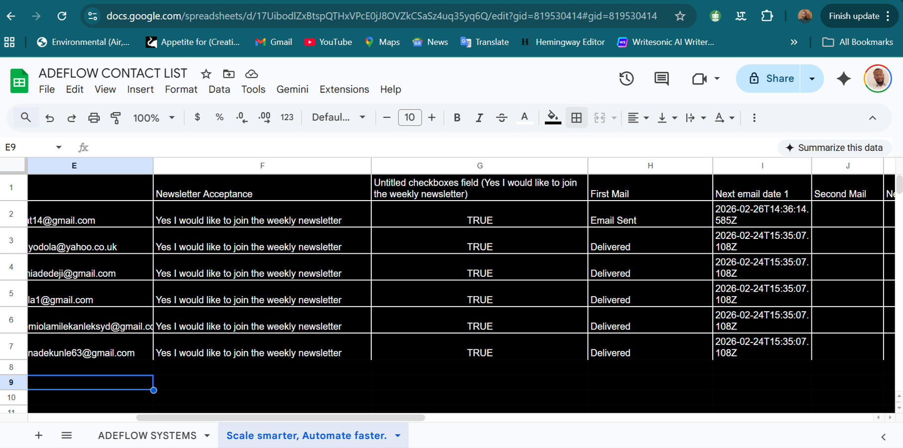 The Data drops into the Google Sheets that was created and connected to Tally ➡️