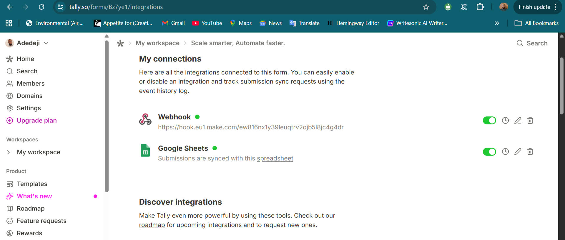 Tally Receives the form data and sends it to Google Sheets and Make using webhook ➡️