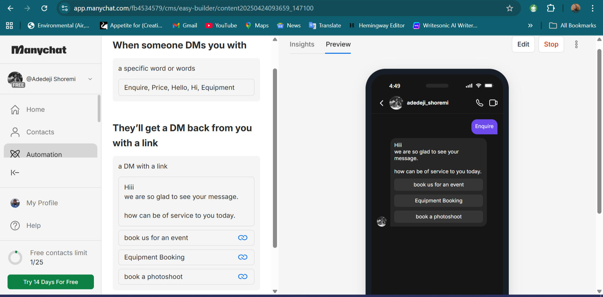 automated direct message setup for Instagram➡️