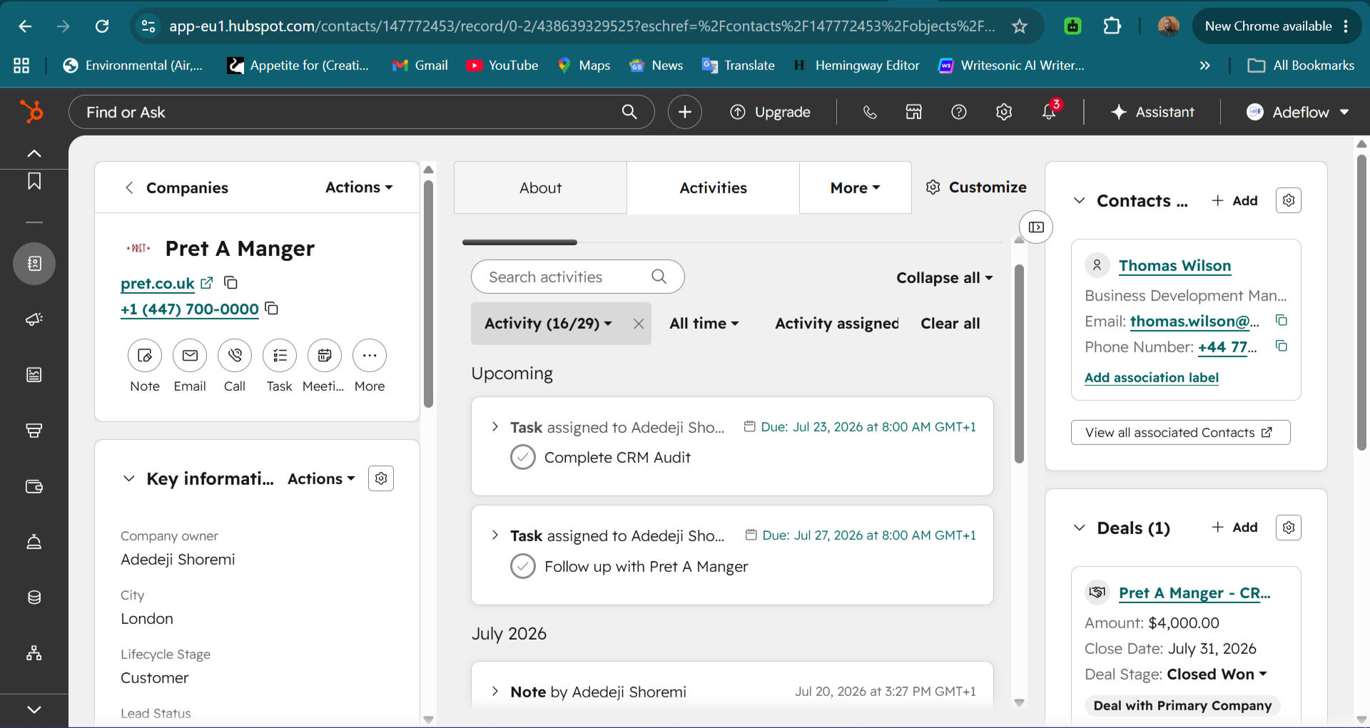 Configured company records with the following: lifecycle stage, lead status, company owner, activities, associated contacts, and associated deals. Created call and notes activities on the timeline ➡️